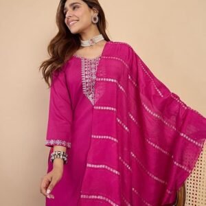 verluti Women's Embroidered Cotton Straight Kurta with Pant & Dupatta Set